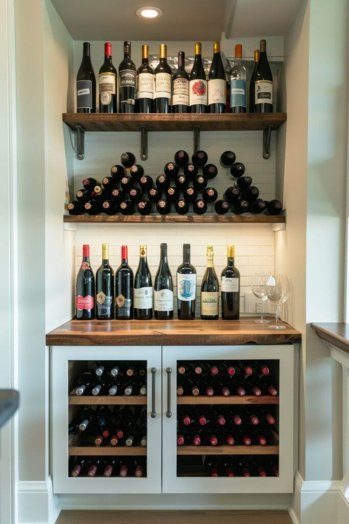 A home wine nook with shelves and cabinets filled with various bottles of wine. Two wine glasses are set on the countertop, complemented by dual-zone wine refrigerators for perfectly chilled selections.