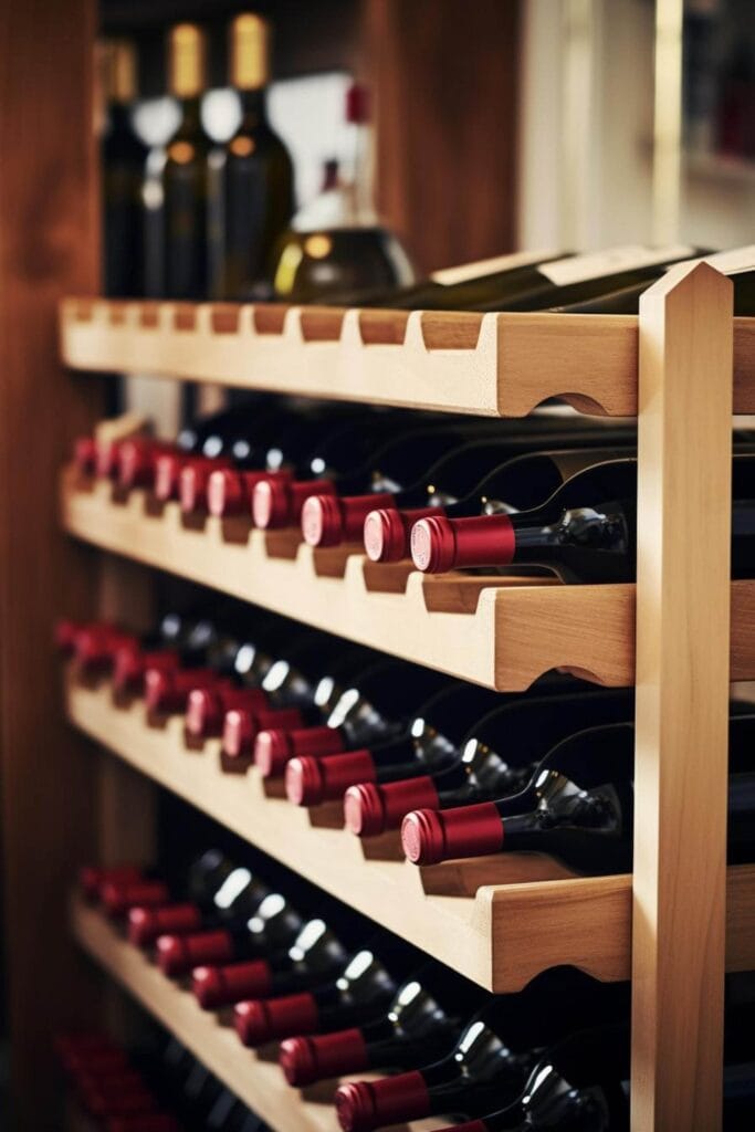 Wooden wine rack filled with rows of wine bottles with red caps, with additional bottles placed on the top shelf in the background, guided by a Wine Guardian System.