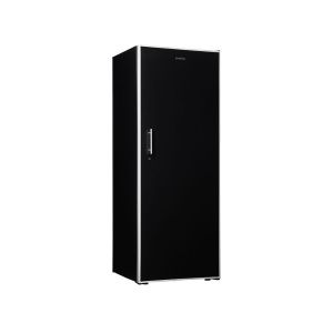 A tall, black refrigerator with a sleek AUTO-DRAFT design and a vertical handle on the front door.