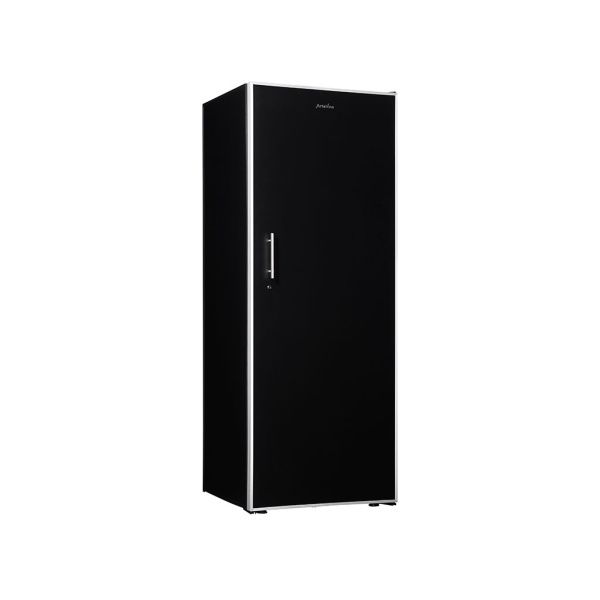 A tall, black refrigerator with a sleek AUTO-DRAFT design and a vertical handle on the front door.