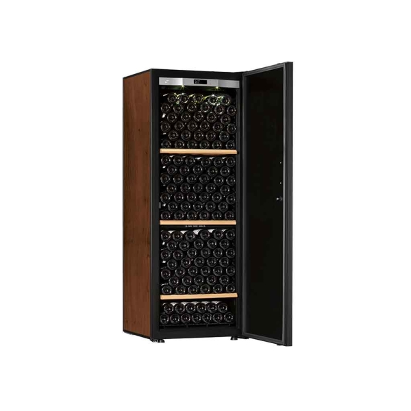 The Transtherm Artevino Oxygen Solid Door wine cooler is tall, with a solid door slightly ajar, showing three wooden shelves filled with horizontally stacked wine bottles.