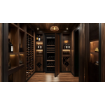 A modern wine cellar with wooden shelves, built-in lighting, and the Transtherm Artevino Oxygen Solid Door offers flexible storage for wine bottles both horizontally and vertically along the walls.