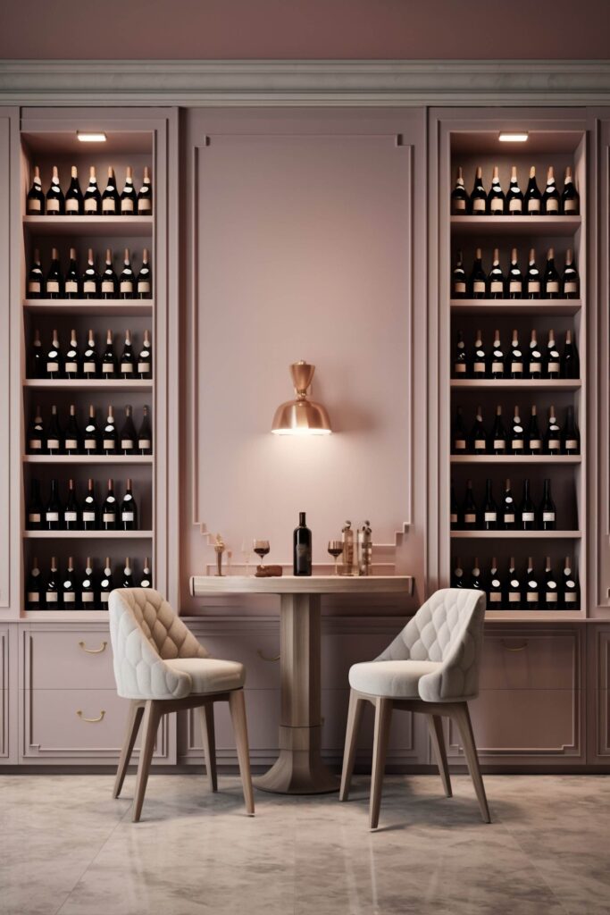 Two wine glasses and a bottle on a small table set with two chairs in a wine store. Shelves filled with the best brands line the wall behind. The color palette is dominated by soft pink tones.