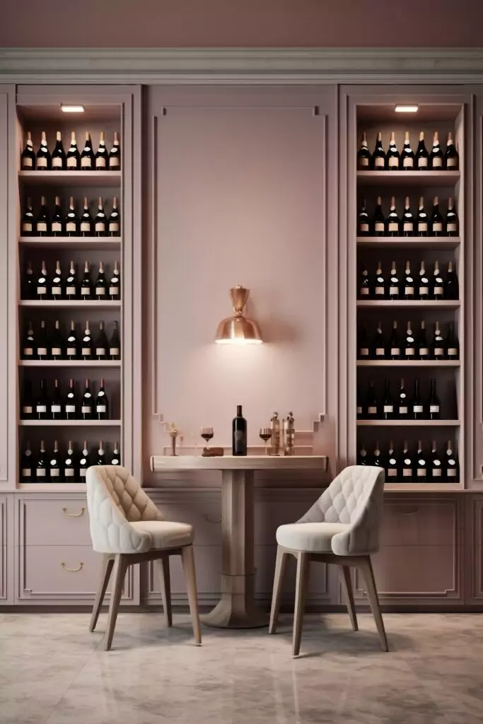 Two wine glasses and a bottle on a small table set with two chairs in a wine store. Shelves filled with the best brands line the wall behind. The color palette is dominated by soft pink tones.