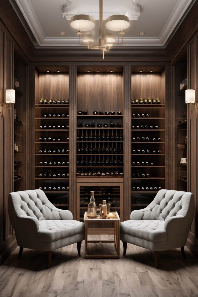 A sophisticated wine cellar with two cushioned chairs, a small table holding a decanter and glasses, and shelves of various wine brands in a wooden setting.