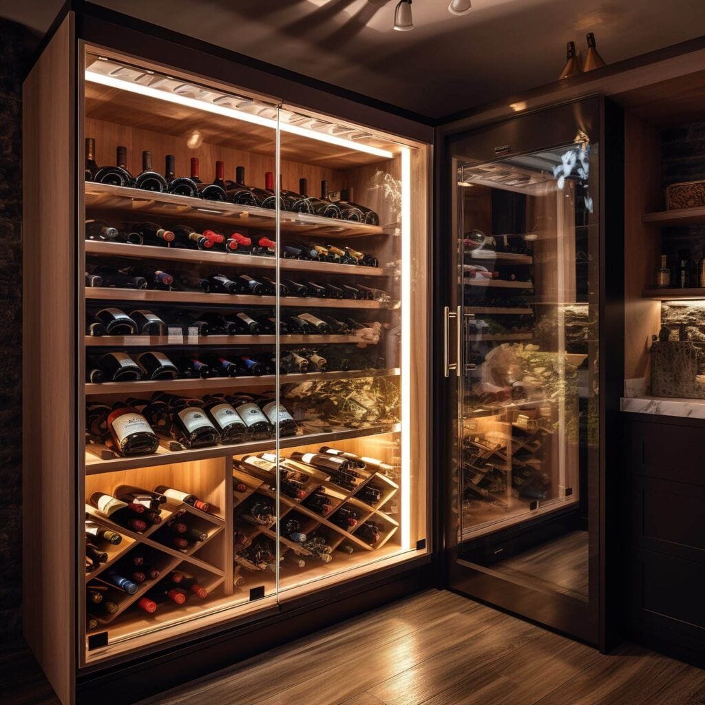 A well-lit wine cellar with wooden shelves displaying various bottles of the best brands in a glass-fronted cabinet, situated in a modern, dark-toned room.