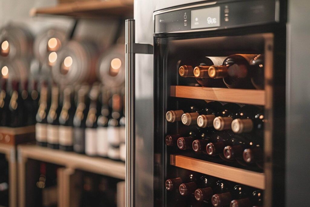 A modern wine refrigerator with multiple wooden shelves, filled with bottles of the best brands, is open. More wine bottles are displayed on shelves in the background, showcasing top-tier wine hardware for connoisseurs.