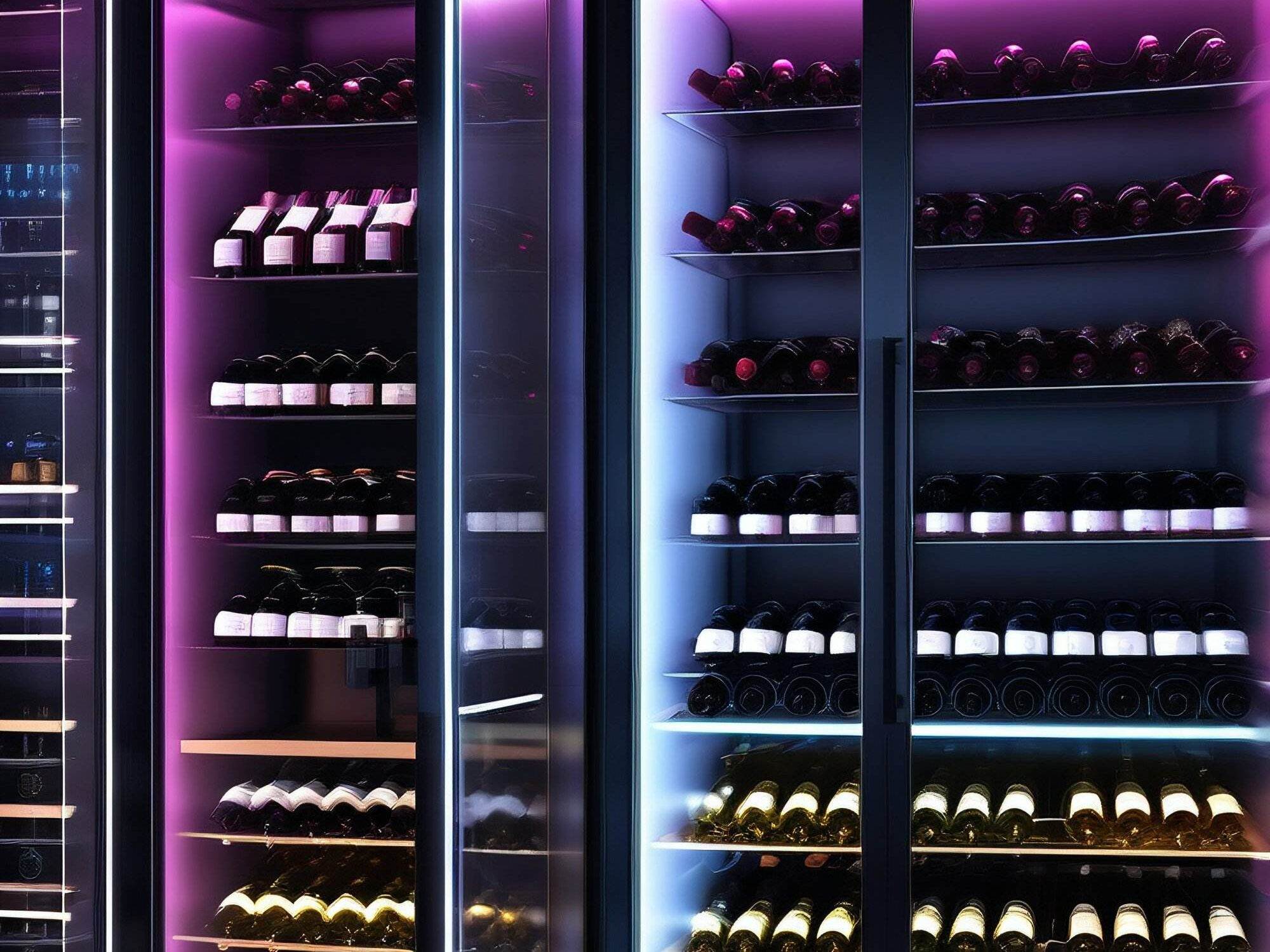 A modern wine cellar with glass doors, showcasing shelves of neatly organized bottles from the best brands, all illuminated by pink and blue LED lights.