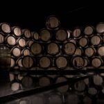 A dimly lit cellar with numerous wooden barrels stacked against a wall, their reflections visible on the shiny floor.