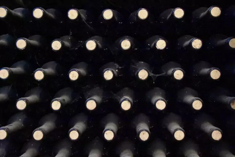 A close-up view of rows of wine bottles stored horizontally in a dark cellar, with corks facing outward.