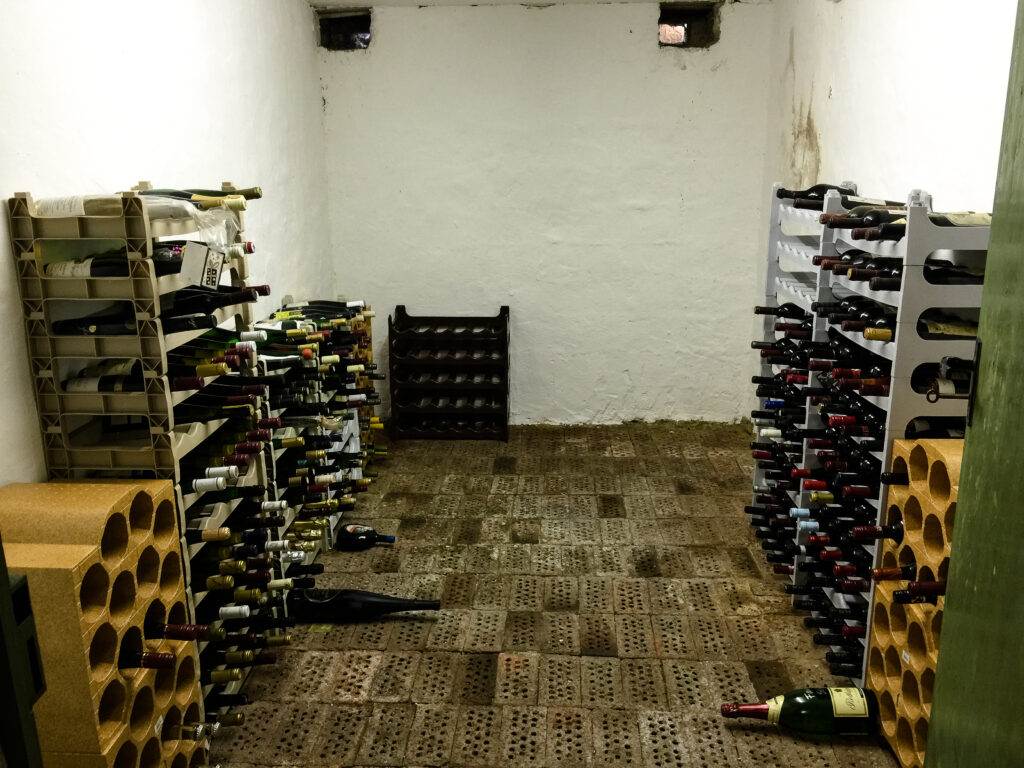 In Danville, a wine cellar boasts bottles elegantly stored on racks along the walls, with some resting on the floor. Enhanced by smart home technology, it seamlessly merges tradition with innovation for optimal wine preservation.