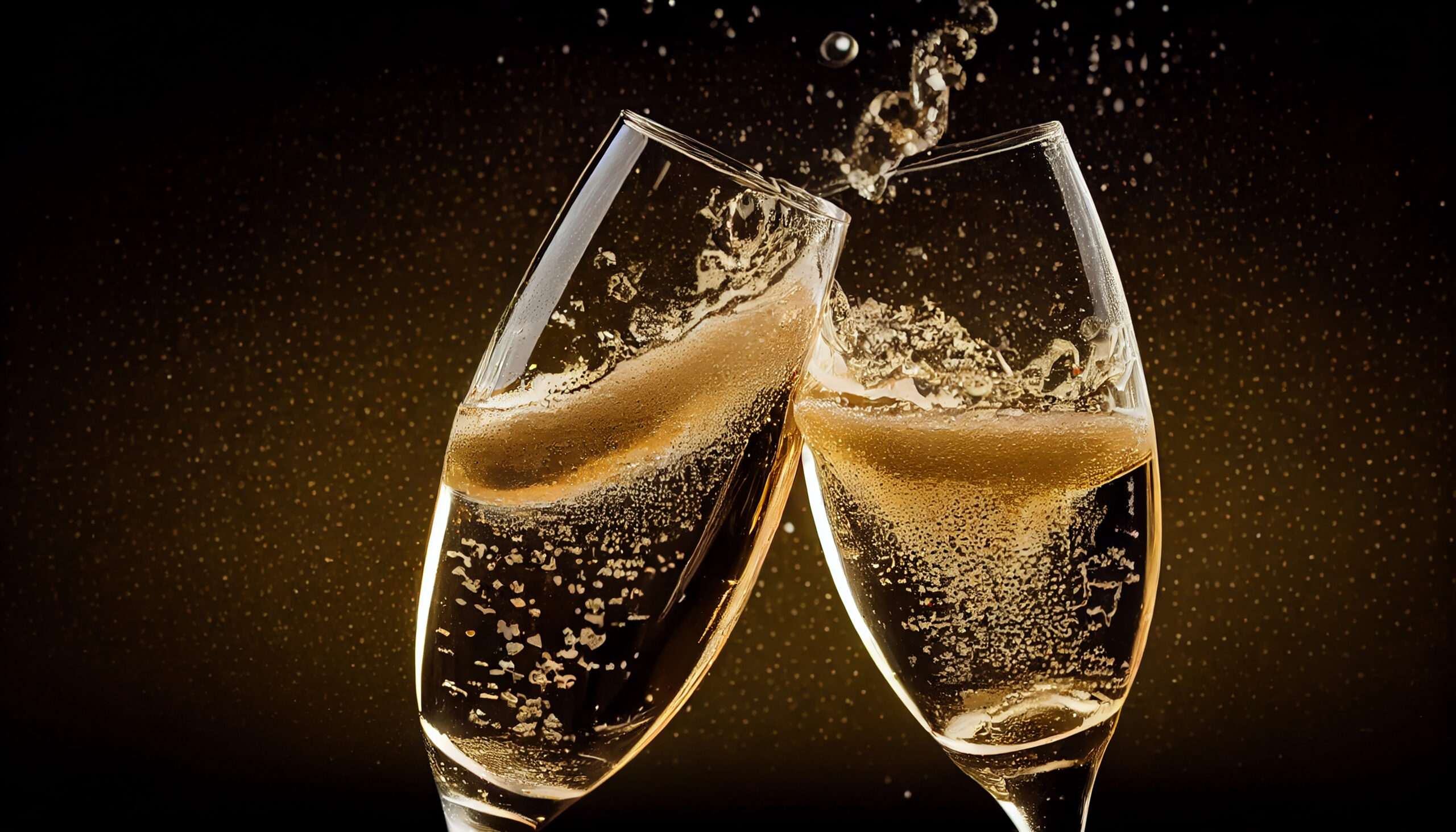 Two champagne glasses clink together, causing bubbles and liquid to splash, set against a dark background—perfect for celebrating with Champagne bottles from exclusive Napa collections.