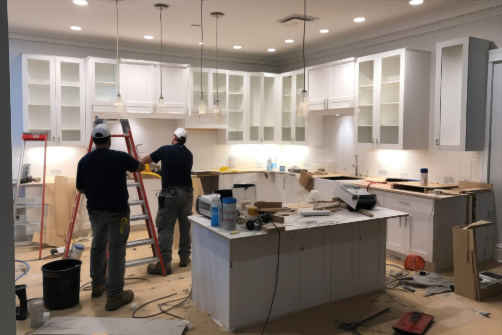 Two workers install white cabinets in a kitchen under renovation, with tools, boxes, and materials scattered around—a typical scene during home remodels aimed to save costs and create dream kitchens or even a future wine cellar.