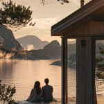 Two people sit on a wooden deck beside a modern cabin, overlooking a calm lake surrounded by mountains at sunset—an ideal scene for those seeking Tahoe vacation homes.
