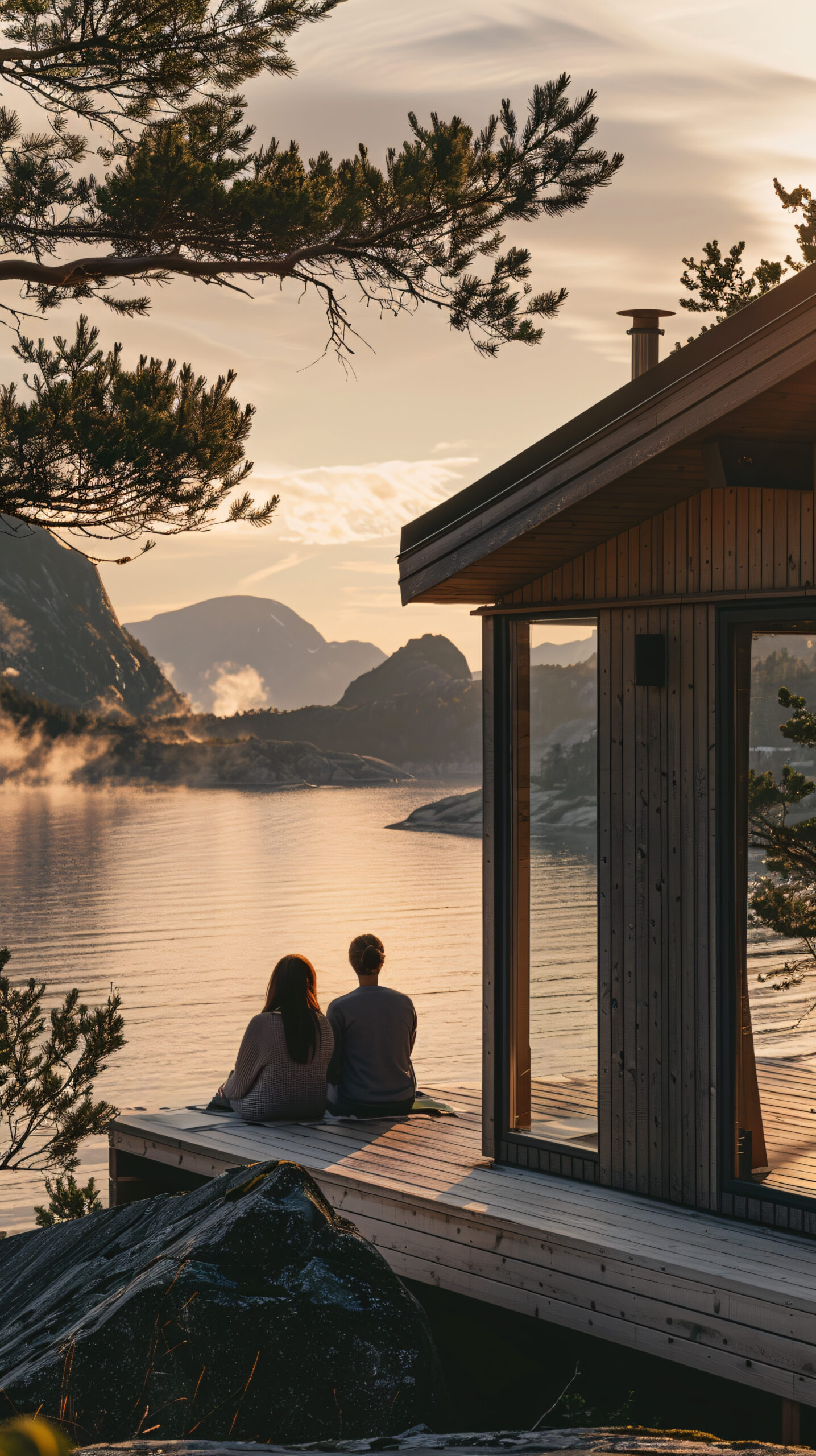 Two people sit on a wooden deck beside a modern cabin, overlooking a calm lake surrounded by mountains at sunset—an ideal scene for those seeking Tahoe vacation homes.