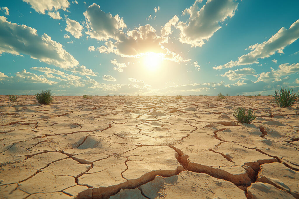 Cracked, dry earth under a bright sun evokes East Bay summers, with sparse vegetation and scattered clouds in the sky.