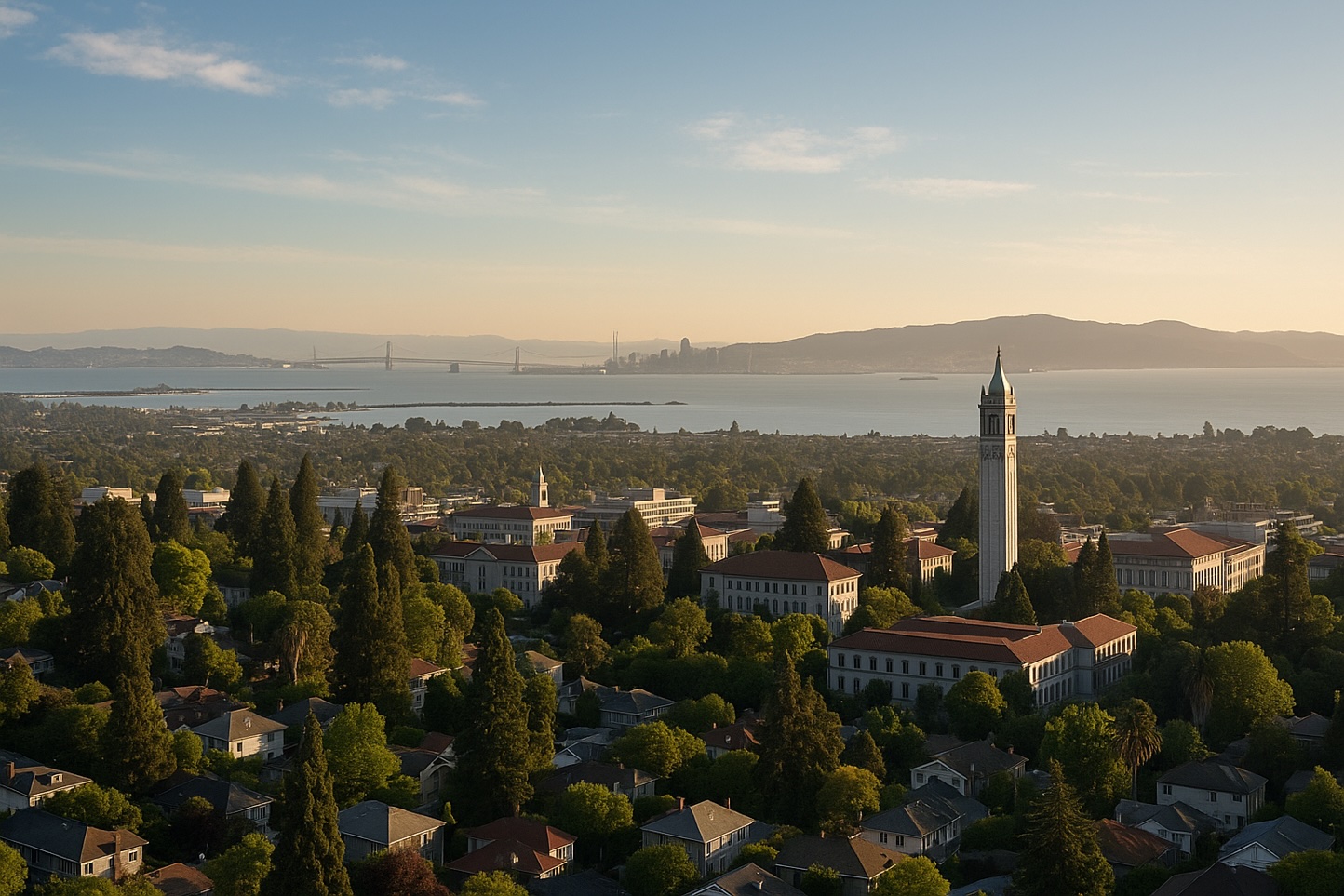 Aerial view of a university campus with a tall clock tower, surrounded by greenery and residential neighborhoods, with a bay and distant hills in the background.