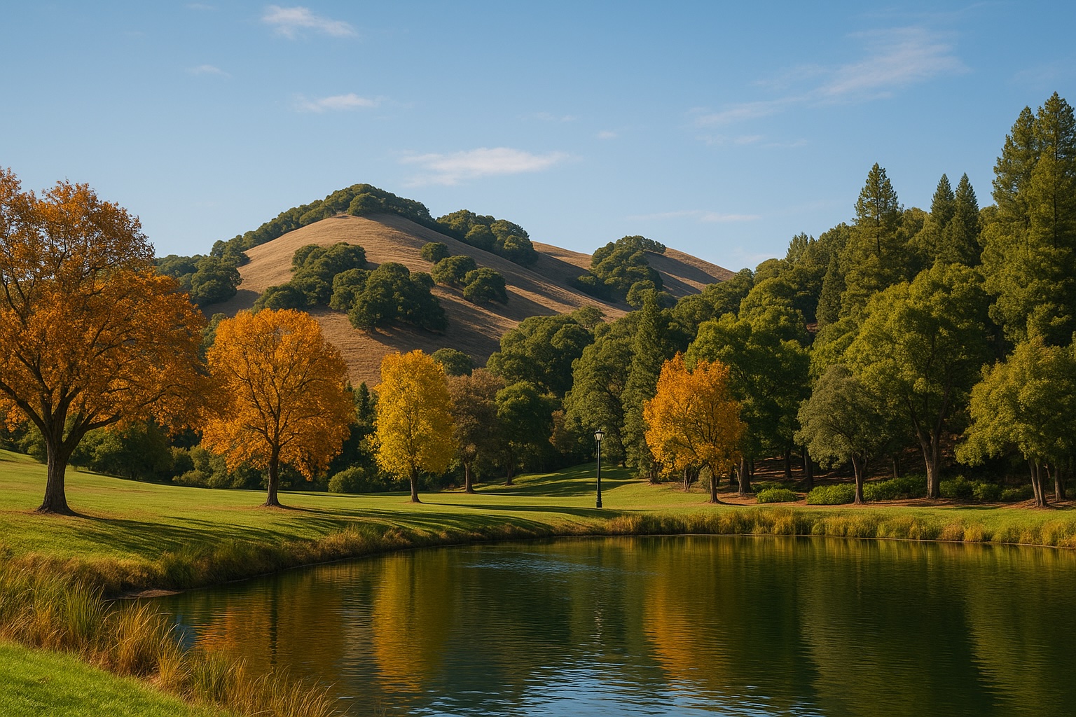 A small lake reflects nearby trees with autumn foliage; grassy areas and rolling hills with scattered trees appear in the background under a blue sky.
