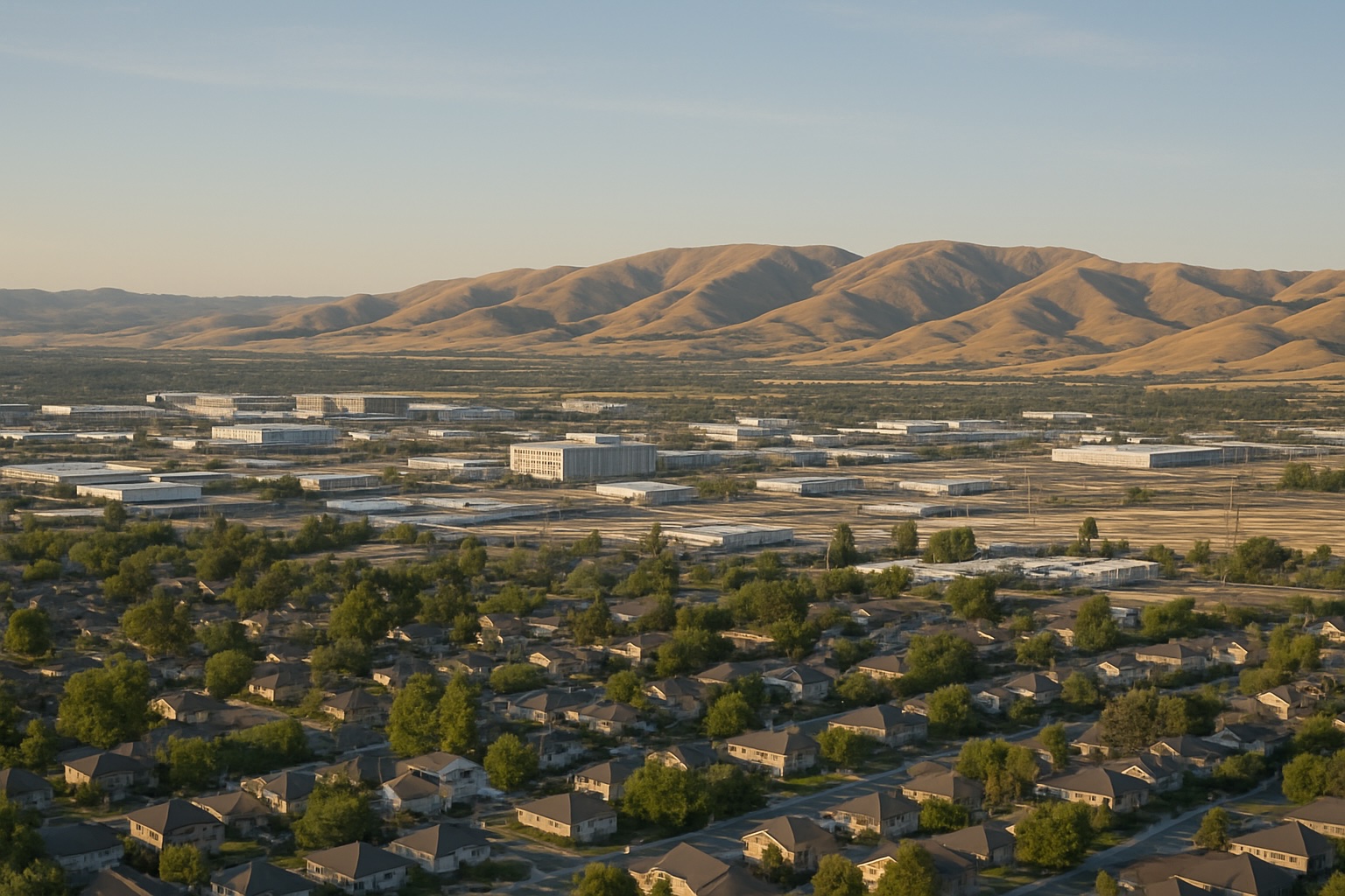 A suburban neighborhood with rows of houses in the foreground and large industrial buildings in the background, set against dry, rolling hills under a clear sky.
