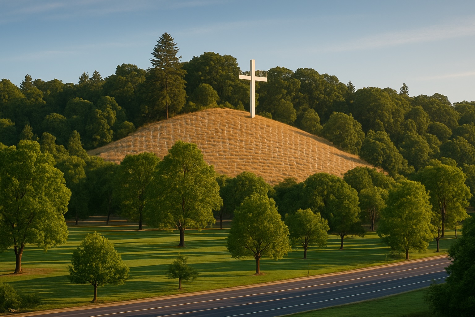A large white cross stands on a grassy hill surrounded by trees, with a road in the foreground and forested hills in the background.