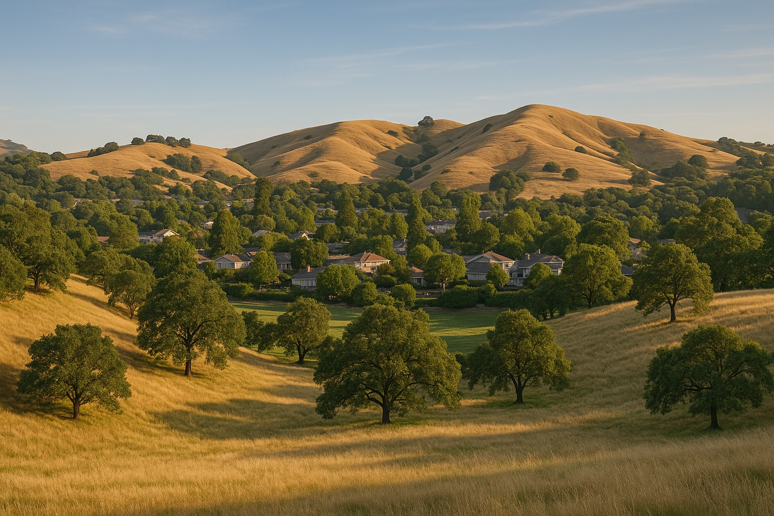 Houses nestled among green trees in a valley, with rolling golden hills in the background under a clear sky.