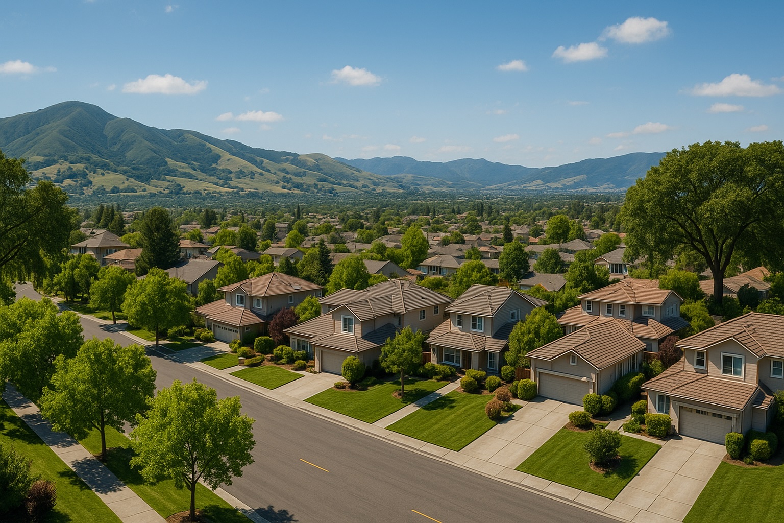 A suburban neighborhood with tree-lined streets, rows of single-family houses, and mountains in the background under a blue sky with scattered clouds.