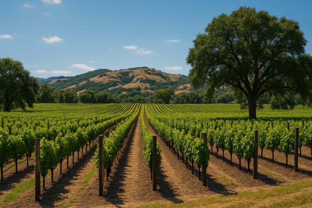 Rows of grapevines in a vineyard stretch toward distant hills under a clear blue sky, with large trees on either side of the field.