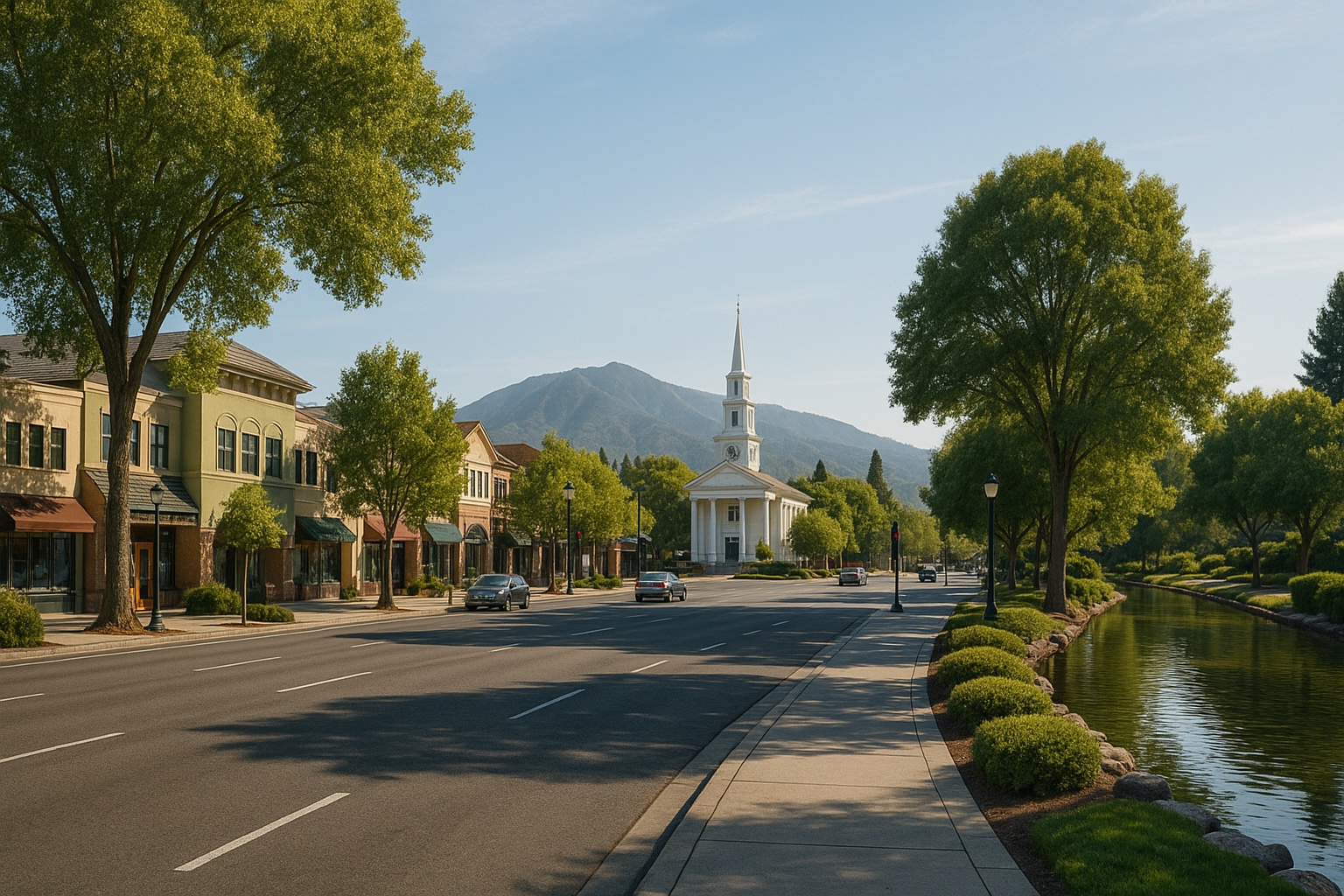 A wide, tree-lined street in Walnut Creek with shops on the left, a white church with a tall steeple at the center, cars driving by, and a canal on the right—all set against scenic mountain views.