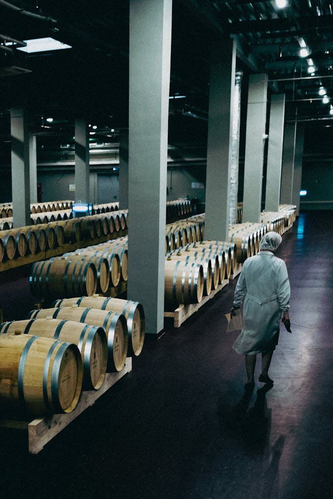 A person walks through a modern wine cellar with rows of barrels, showcasing a large storage facility.