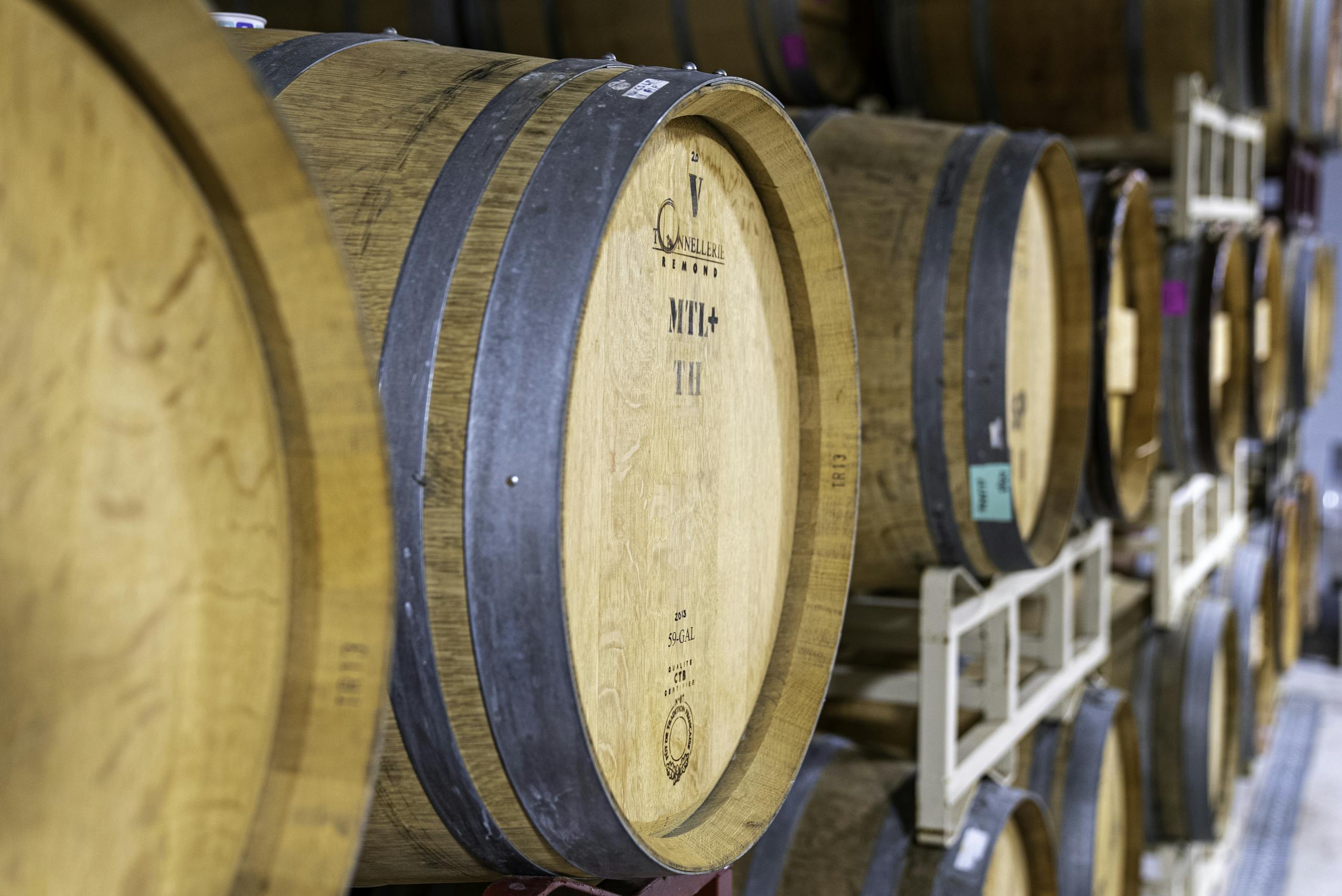 A row of wooden wine barrels in a North Carolina winery storage area, showcasing craftsmanship and tradition.