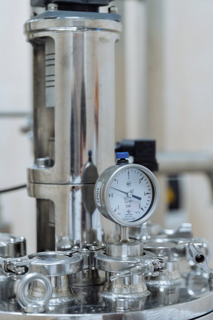 Detailed view of a stainless steel pressure gauge in a laboratory or industrial setting.