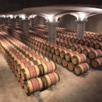 Rows of wooden wine barrels aging in a Margaux winery cellar in France.