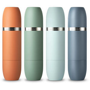 The High Camp Parkside Flask™ 750 features four matte-finish, cylindrical magnetic tumblers in orange, green, light blue, and blue—each with a silver “parkside h.” band—keeping your drinks secure and accessible.