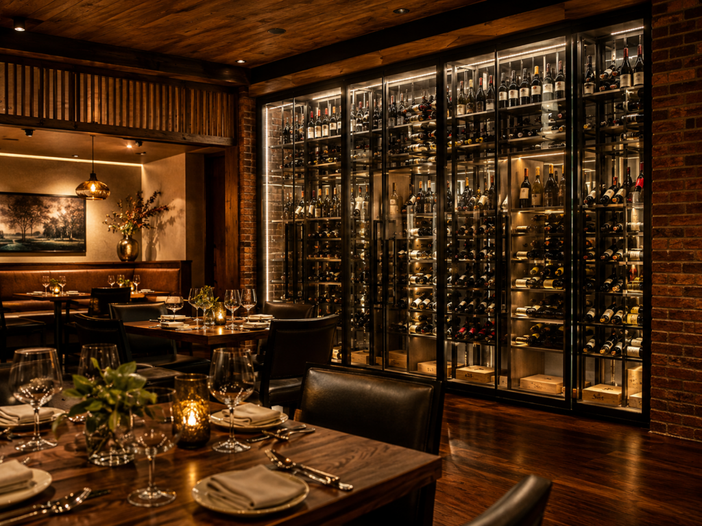Upscale restaurant interior with set wooden tables, leather chairs, dim lighting, and a large glass wine display cabinet along a brick wall, featuring elegant commercial wine racks for sophisticated wine storage.