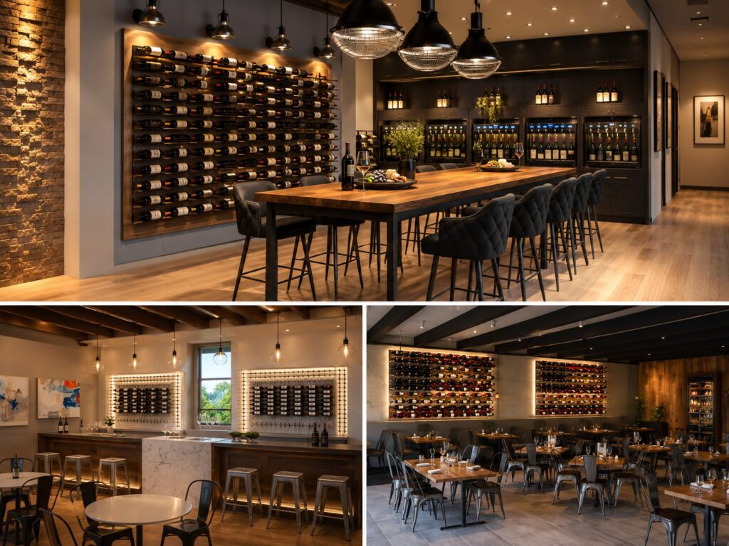 A modern wine bar with wall-mounted commercial wine storage, high tables with black chairs, pendant lighting, and a spacious dining area with contemporary decor.