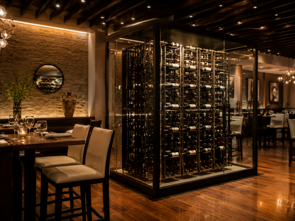 Modern restaurant interior featuring a central glass wine display inspired by commercial wine cellars, wooden floors, white cushioned chairs, set tables, and warm ambient lighting.
