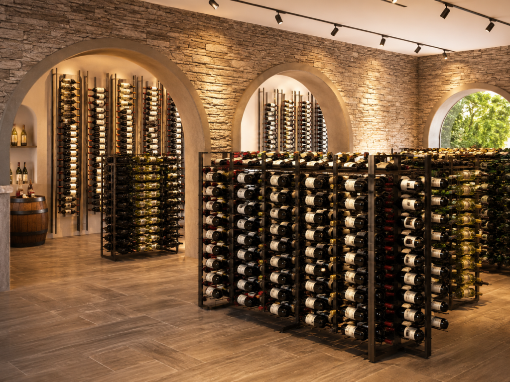 Modern wine cellar with stone walls, wooden floors, and multiple racks filled with wine bottles; arched doorways and barrels add charm to this well-lit space—ideal for custom wine cellars or premium wine storage.