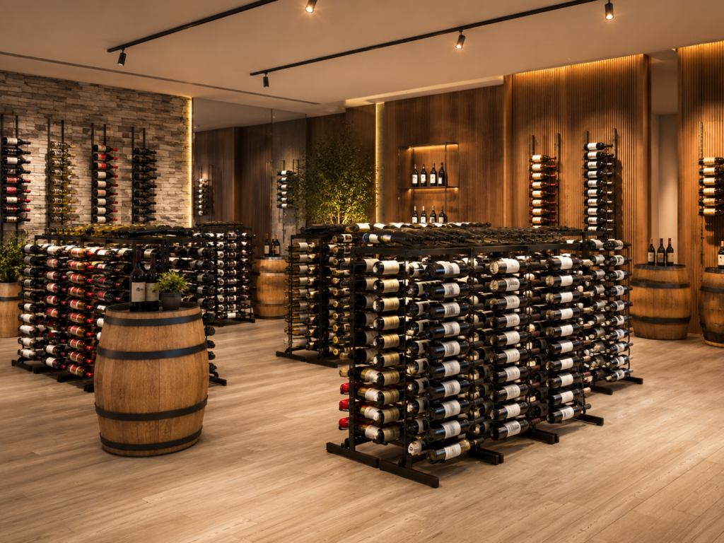 A modern wine cellar featuring multiple racks filled with wine bottles, wooden barrels, and warm lighting set against wood and stone walls—perfect inspiration for luxurious commercial wine cellars.