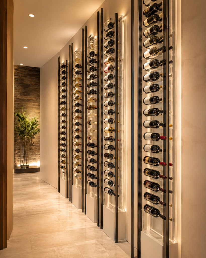 A modern commercial wine cellar with several vertical racks filled with bottles, illuminated by soft built-in lighting, and a plant visible at the corridor's end.