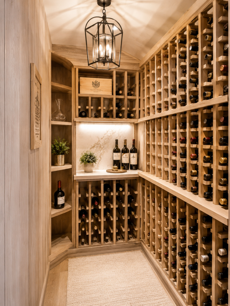 A well-lit residential wine cellar with wooden racks filled with wine bottles, a countertop with decor, and a hanging lantern-style light fixture.