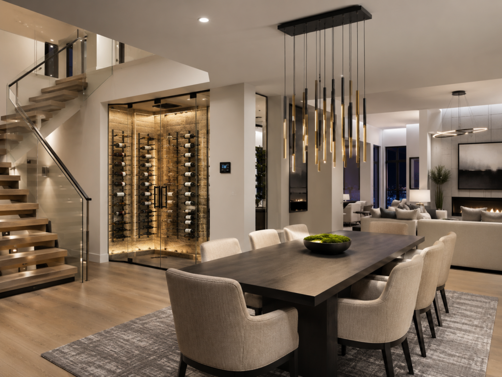Modern dining room with a dark wood table, beige chairs, contemporary pendant lights, and a glass-enclosed Residential Wine Cellar; open layout with living area and floating staircase visible.
