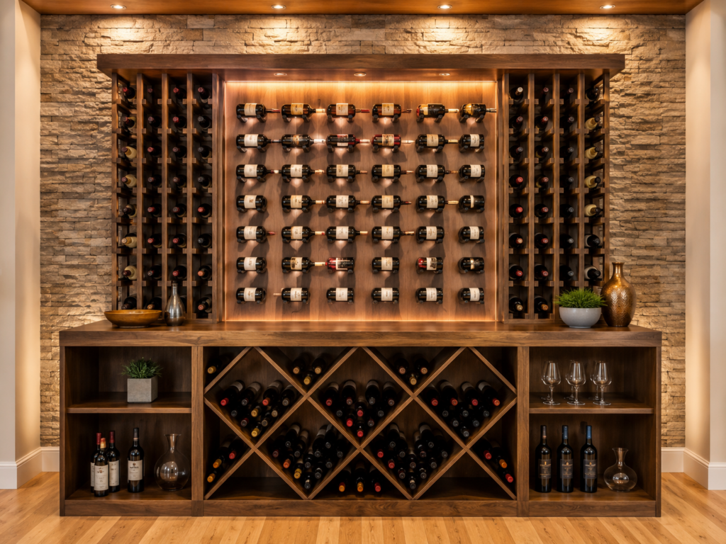 Modern residential wine cellar with stone walls, wooden shelves, horizontal bottle racks, and decorative items including plants, glassware, and vases—perfect for custom home wine storage and stylish display.