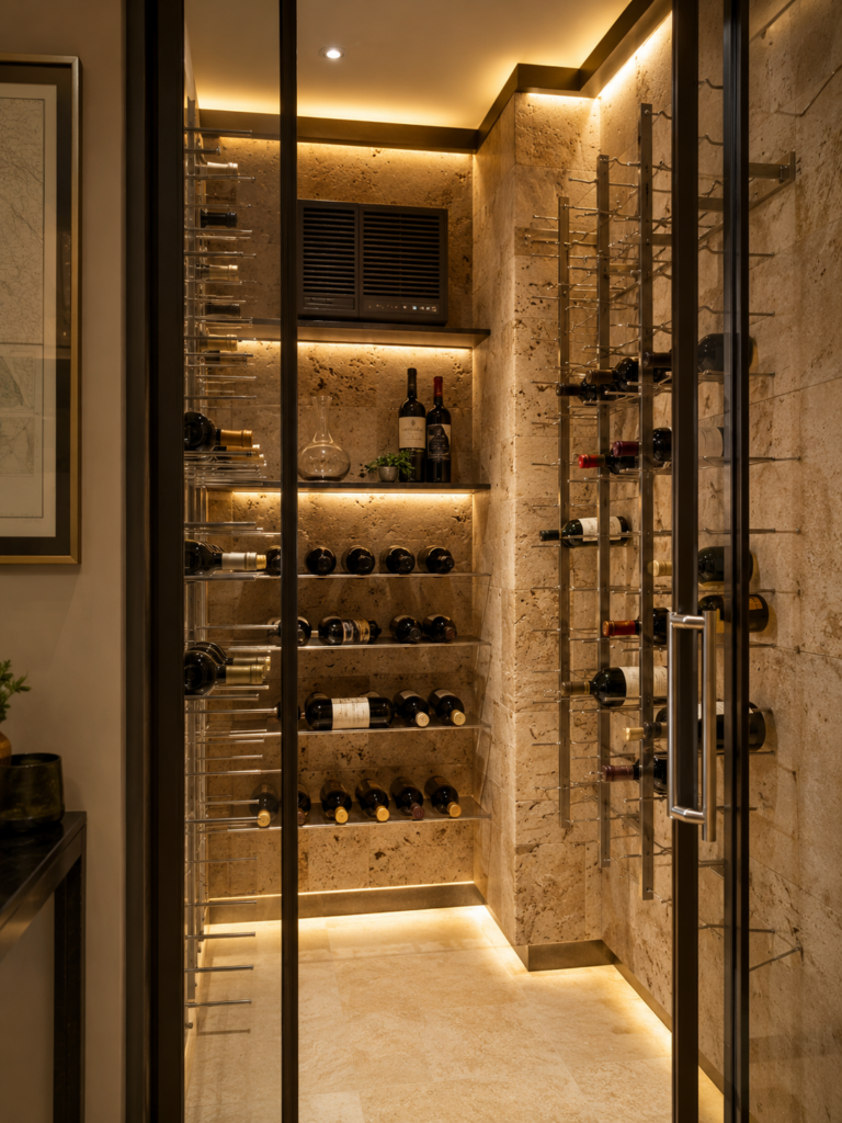 Modern Residential Wine Cellars feature a glass door, backlit stone walls, multiple shelves and racks for wine bottles, a decanter, and a wine fridge at the top—all enhanced by warm ambient lighting.