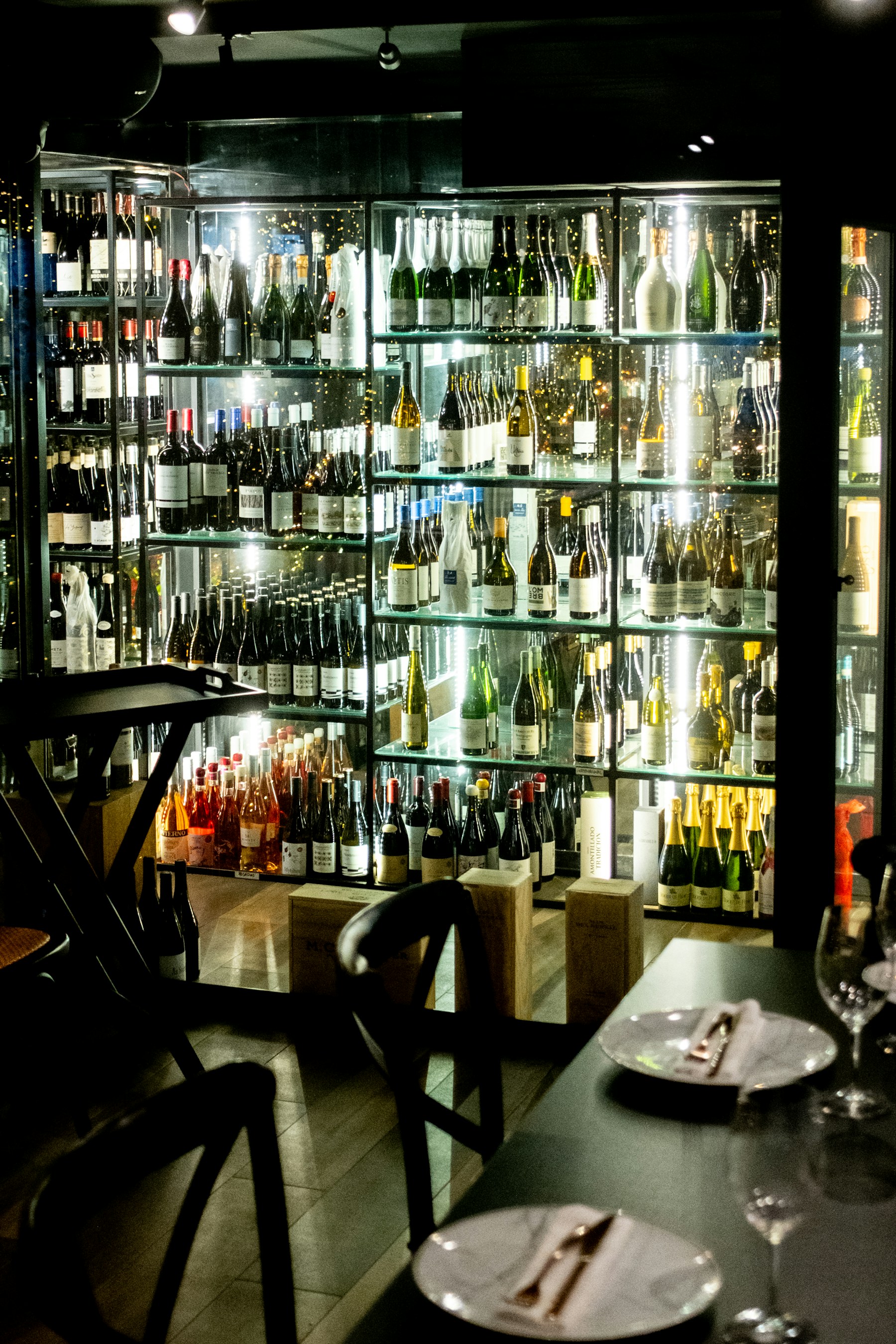 Restaurant wine display wall with refrigerated bottle storage