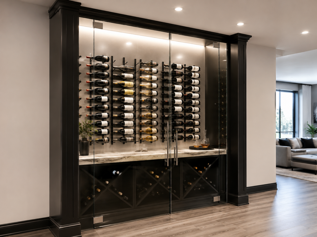 A modern glass-enclosed wine storage unit with multiple shelves holding wine bottles, dark cabinetry, and a marble countertop, perfect for showcasing custom wine cellars Dublin in a stylish contemporary living space.