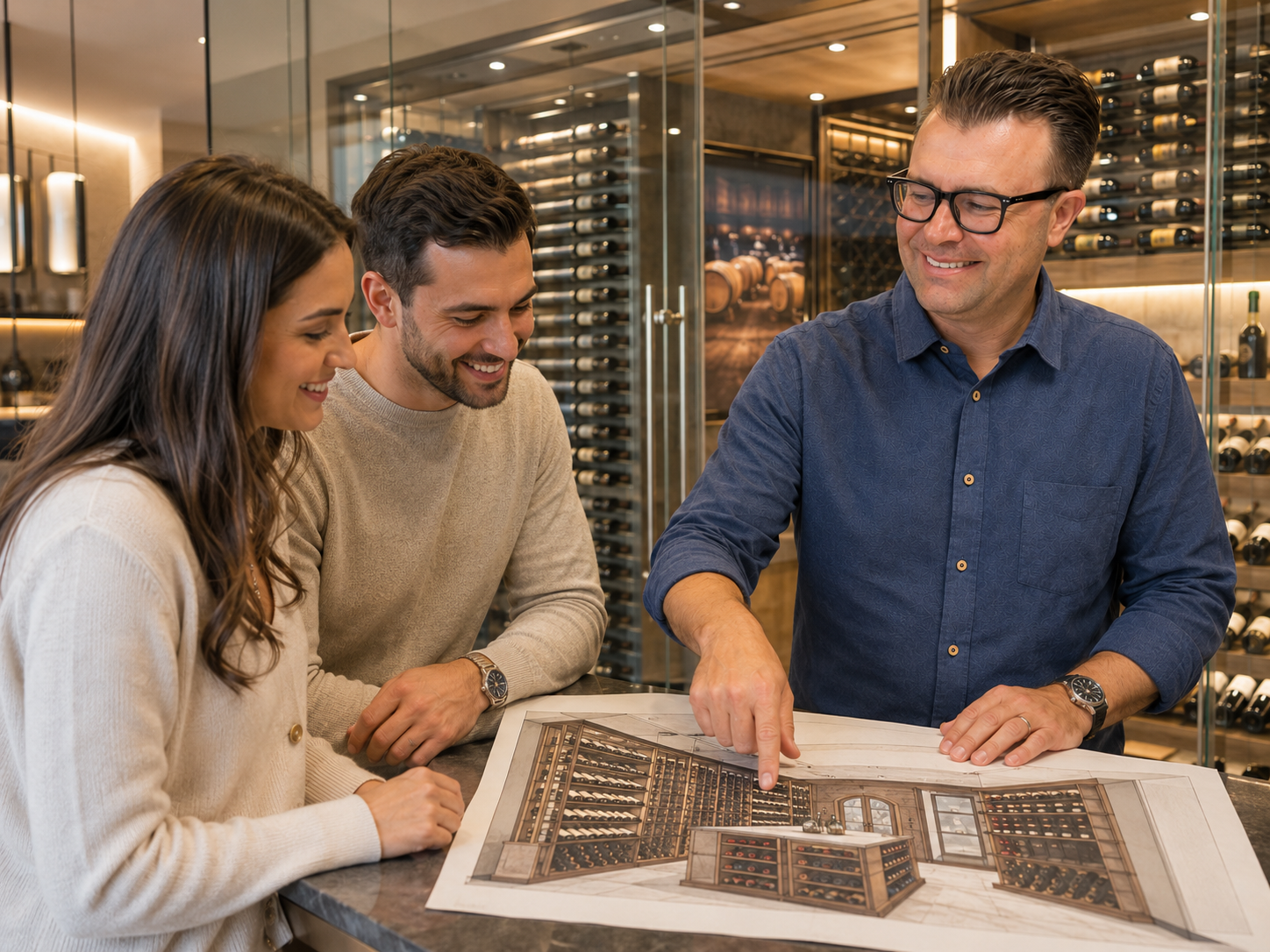 A man shows a couple a detailed architectural drawing in a modern wine cellar showroom, highlighting custom wine cellars Berkeley and showcasing elegant wine racks Berkeley.