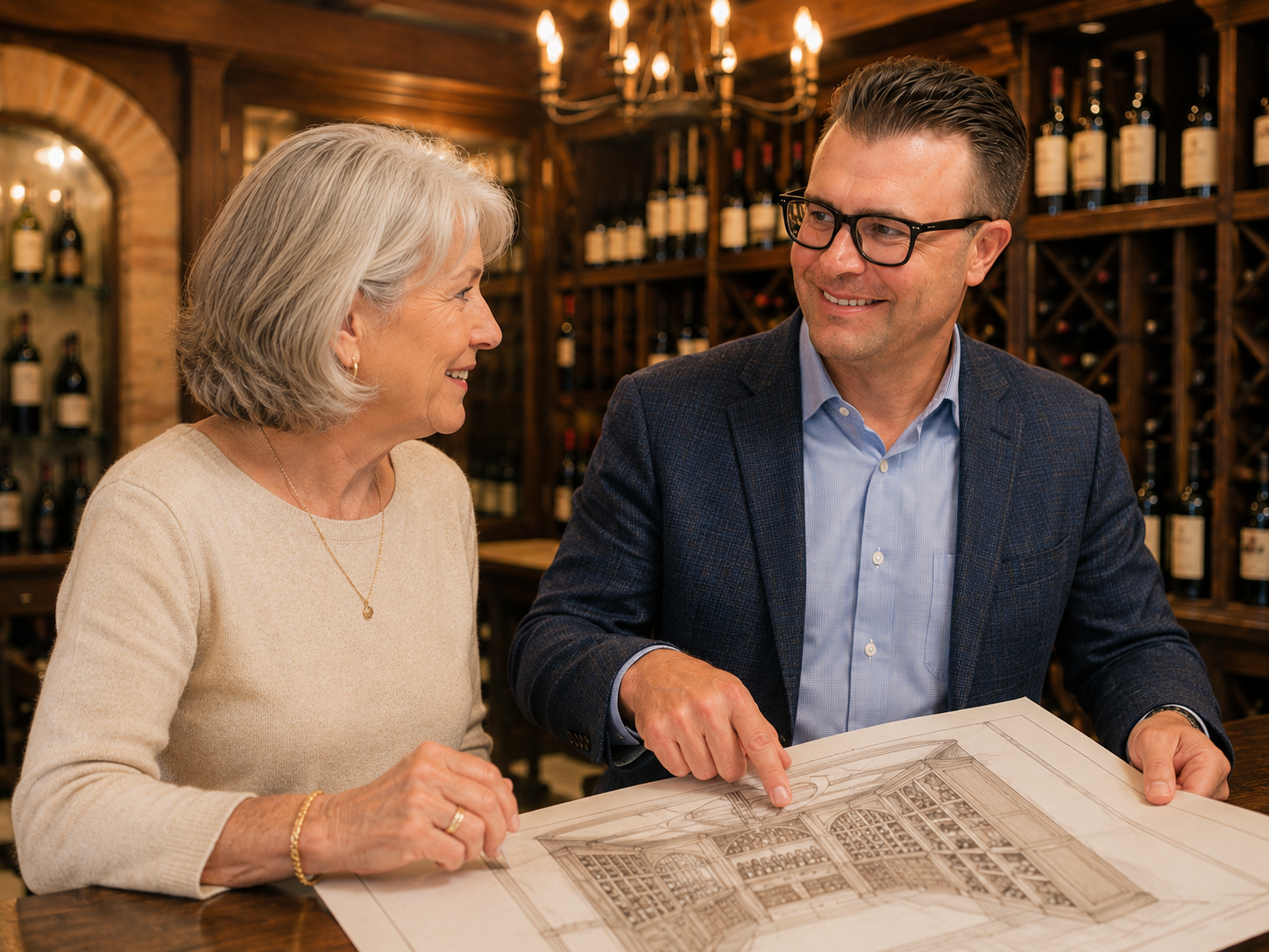An older woman and a man in business attire review architectural plans together in a wine cellar lined with bottles, discussing custom wine cellars Berkeley and elegant wine racks Berkeley.