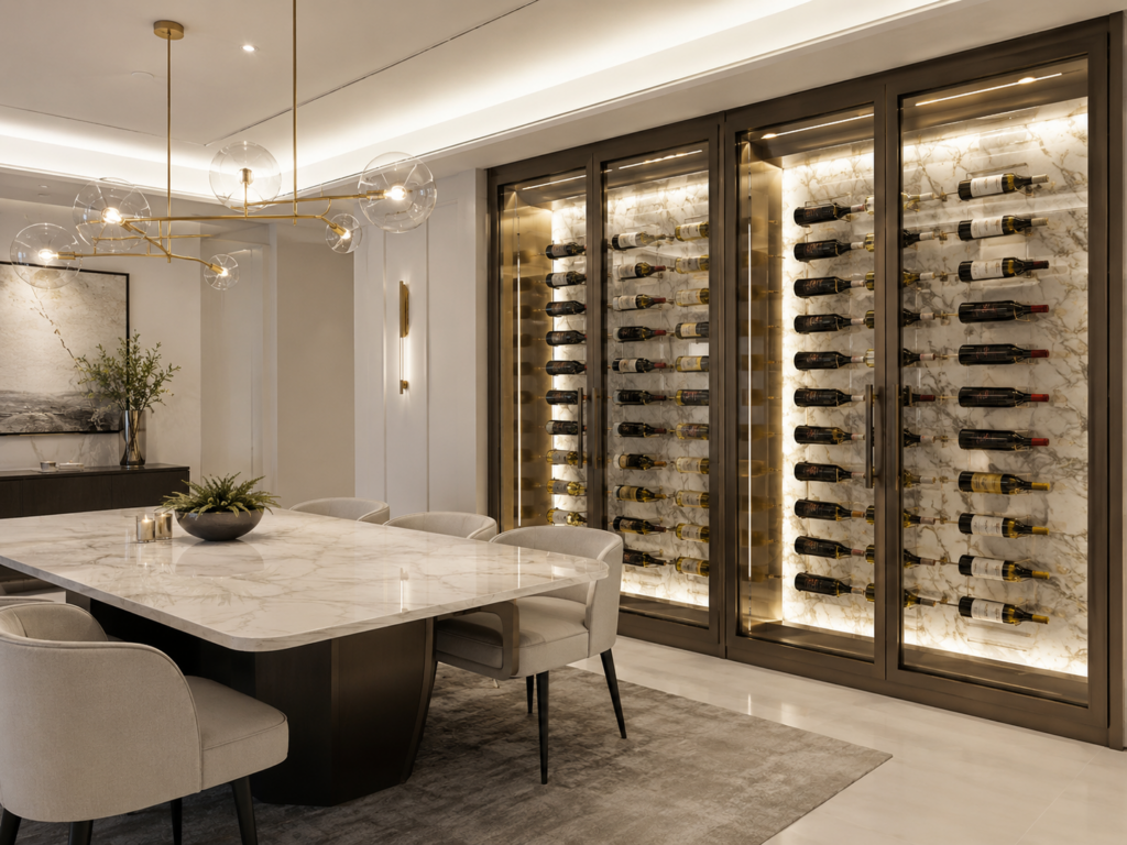 Modern dining room with a marble table, upholstered chairs, and a built-in glass wine display cabinet filled with wine bottles along the wall, showcasing elegant wine racks Dublin style.
