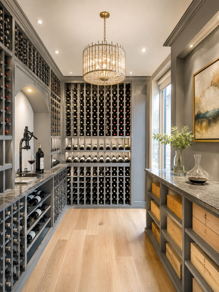Modern wine cellar with gray wine racks Dublin filled with bottles, marble countertops, wooden floor, a chandelier, and a window letting in natural light. A decanter and wine opener sit on the counter.
