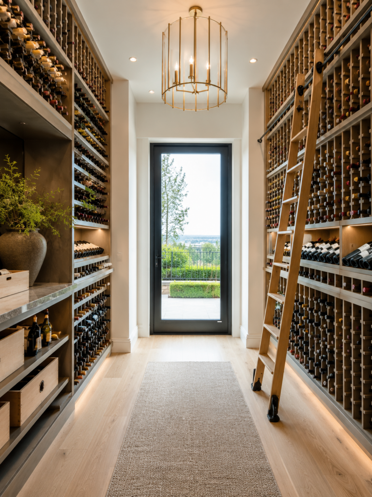 A modern wine cellar with custom wine racks Dublin, a rolling ladder, a rug on light wood floor, and a glass door leading outside.